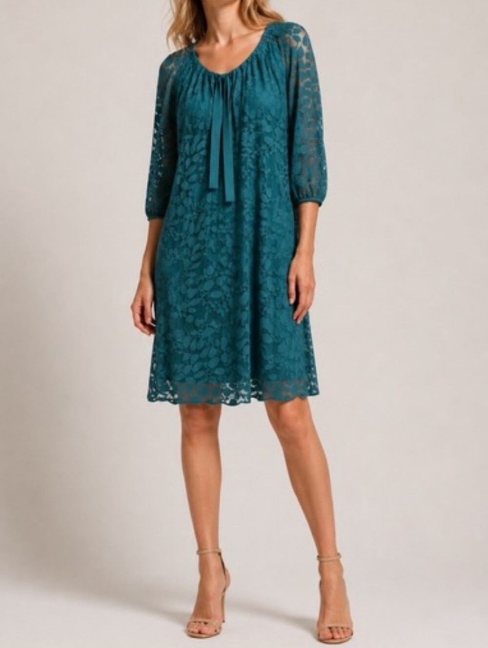 Garnet Hill Dress Sz 6 Teal Green Lace Overlay 3/4 Sleeve Shift Cocktail Party
